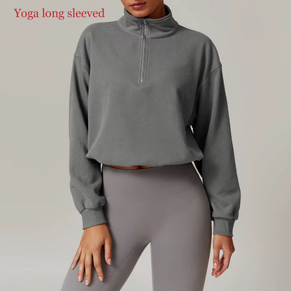 Winter Outdoors Zipper Jacket Women Crop Top Loose Sweater Yoga T-Shirts Sports Top Long Sleeve Running Shirts Fitness Gym Coats